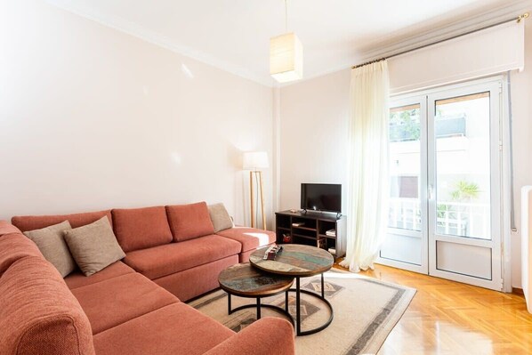 Living room with comfortable double sofa bed