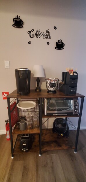 Complimentary coffee bar with toaster oven and toaster