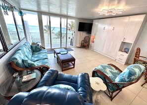 Looking out with the queen sized Murphy Bed closed.