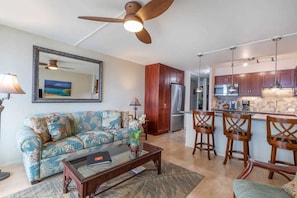 Cable TV, Internet/Wi-Fi information in black guest book also under glass top by TV. Sofa sleep (in addition to comfortable Cal King Bed located in bedroom) Ceiling fan in Living room and bedroom.