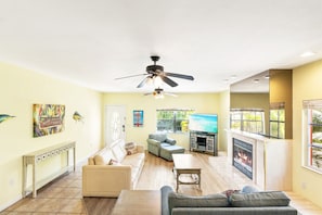 Living room, seating for 7+ and queen sofa bed