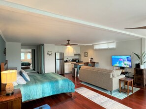 View of sleeping area and living room from the sleeper chair.