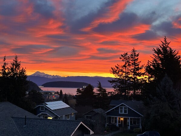 Sunrise view of Mt Baker and Fidalgo Bay, seen from the balcony