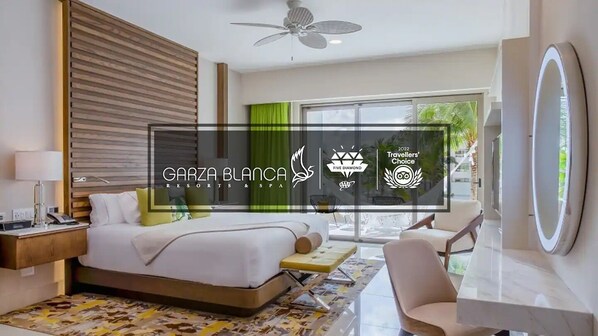 Luxury Garza Blanca room, plush comfort, modern style, top amenities.