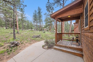 Exterior of front door with small porch.