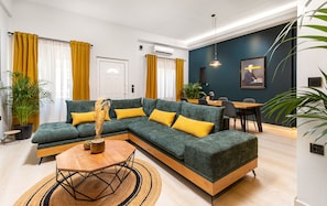Stylish living room with bold yellow tones