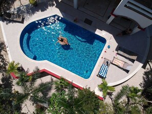 Aerial shot of pool and pool deck