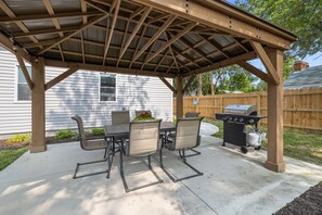 Gazebo, Outdoor Dining Table, & Grill