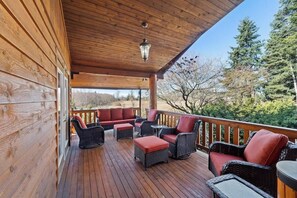 Covered outdoor seating with views as far as the eye can see.