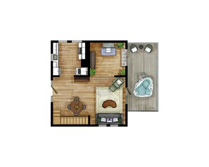 [Main Floor] Fully equipped kitchen, dining, living room, office, and the deck with hot tub are all features of the main floor.