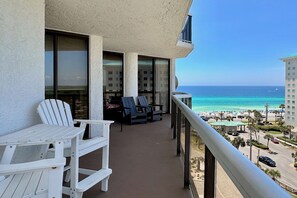 Panoramic ocean view and bay view balcony off from living room and bedrooms.