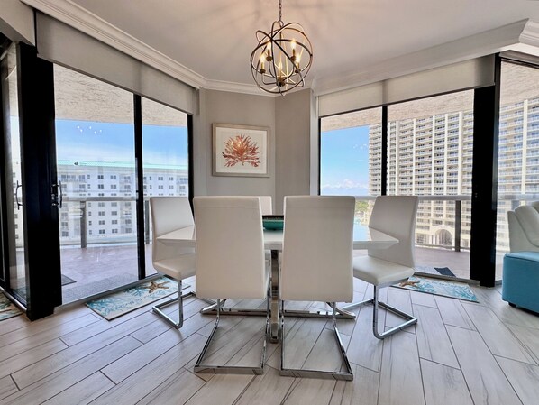 Dining area with table seating for 6.