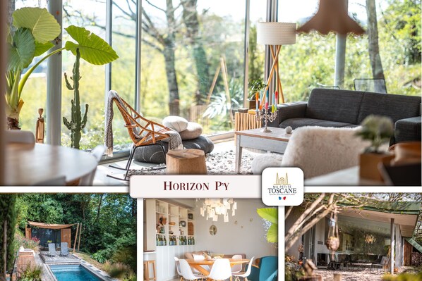 Swimming pool - Deckchairs - Covered terrace - Table - Board + Barbecue - Fully equipped kitchen - Air conditioning + Heating - Private car park.