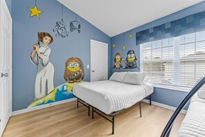 Star Wars Minion-themed 2nd-floor bedroom with 2 full-size beds and a twin bunk bed, private full bathroom attached