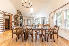 Bring your party together for meals and games at the dining table in the lodge that seats 10.