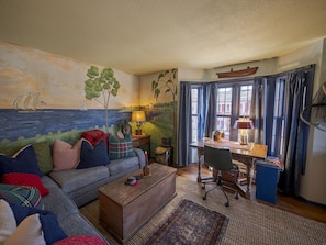 We invite you to reserve, rest and relax in the Carriage House; pictured here is the 2nd floor Chandler's Apartment~ doesn't this living room beckon you in! :-) Please note: 1st floor private room guests will access the apt by another exterior door under the covered porch.
