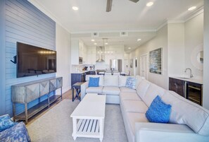 A beautifully appointed living area that merges modern design with homey comfort.