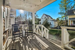 The front patio with rocking chairs. 
