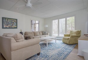 Lower-level den with 55" Smart TV.