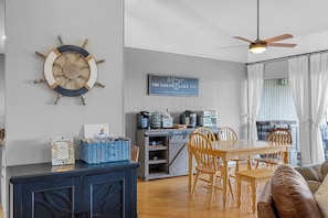 Dining area with coffee bar and small appliances for your use.