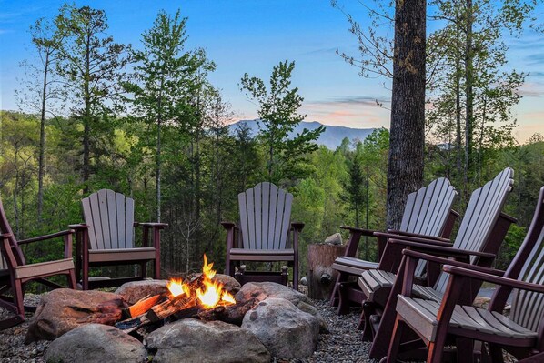 Private outdoor wood firepit with views of the Smoky Mountains!