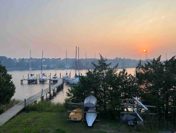 View of marina from living room and private deck.