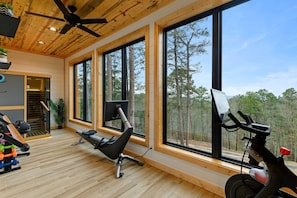 Gym with Peloton, Hydrow Rower, 3 person Sauna, free weights, barre and Lululemon personal trainer mirror