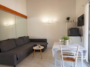 Living room with sofa and TV, opening onto terrace