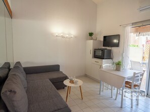 Living room with sofa and TV, opening onto terrace