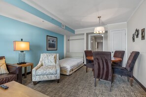 The Murphy bed is a comfortable option for the kids.