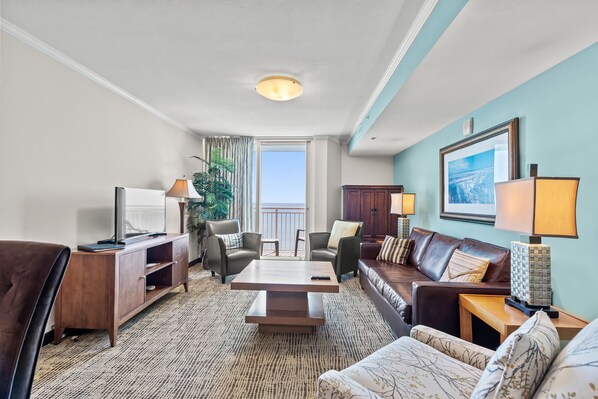The ocean front living room is fabulous for movie night with the family.