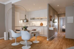 Dining table and modern kitchen