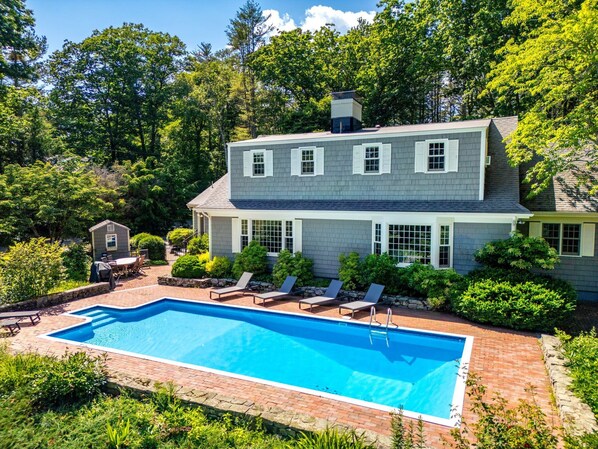 Sparkling pool and outdoor furniture—available June 15 to September 15.