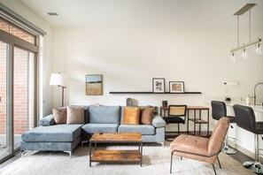 Comfortable living area with flexible seating and workspaces