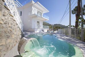 Balcony / Terrace / Patio, Building Exterior, Garden, Main Entrance, Pool, Spring, Summer