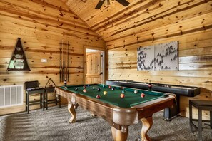 Game room includes a pool table, shuffleboard table, arcade system and boss toss!