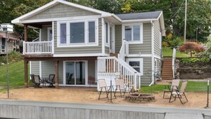 Sandy beachfront, patio table and firepit