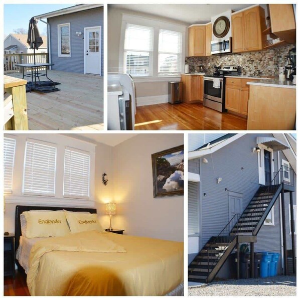 The home features a well-appointed kitchen with wood cabinetry and a mosaic backsplash, a cozy bedroom with a golden bedspread, and a living area with a comfortable brown leather sofa.