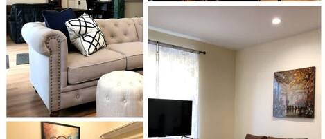 The home is welcoming, with a living room featuring a tufted sofa, a dining area with comfortable seating, a kitchen with wooden cabinets and open shelving, and a bedroom decorated with a patterned comforter, all harmonized by the wooden flooring.