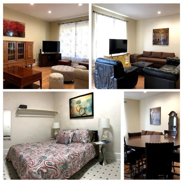 The space is well-appointed with a kitchen showcasing open wooden shelves, a comfortable living room with a plush sofa, a bedroom with an intricate bedspread, and a modern refrigerator, all contributing to a homey yet stylish environment.