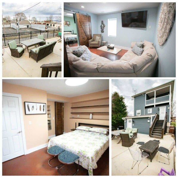 The abode features a spacious kitchen with ample shelving, an inviting living area with a large sectional sofa, a cozy bedroom with a rustic barn door, and an elegant dining space, all enhanced by tasteful decorative elements and warm lighting.