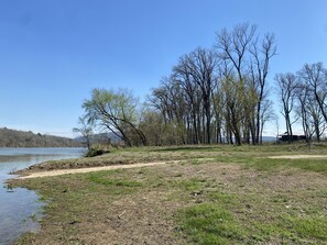 Boat launch, cabin in background.