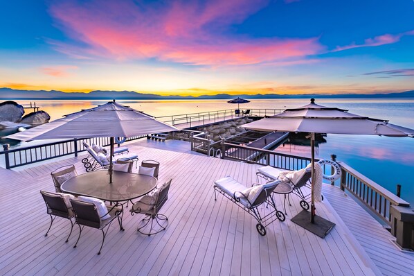 Relax on the Party deck while kayaks & your boat are moored on the floating dock