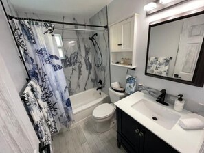 Remodeled, modern bathroom.