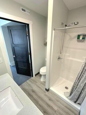 Bathroom with shower. This suite is on the second floor of the Stay Suites. 