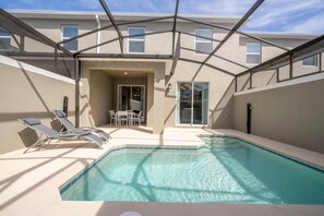 ive into luxury with our private heated pool, a refreshing oasis that's as safe as it is inviting. This spacious aquatic retreat offers the perfect blend of comfort and convenience for your family's vacation enjoyment. 
