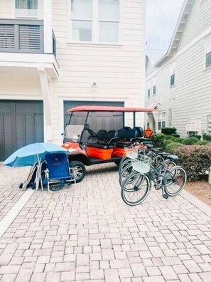 Your beach getaway starts here! Complimentary golf cart and bikes are included for easy exploration.