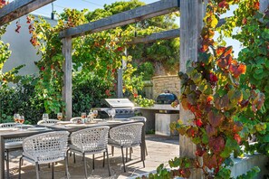 The outside dining, complete with BBQ, grill and wood fire pizza oven