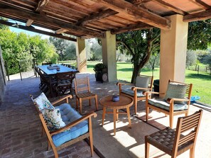 Furniture, Property, Plant, Table, Wood, Building, Porch, Tree, Outdoor Furniture, Shade