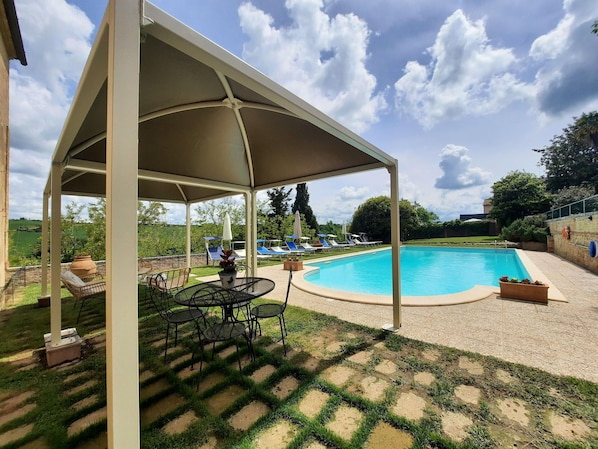 Sky, Cloud, Water, Plant, Swimming Pool, Shade, Outdoor Furniture, Umbrella, Tree, Building